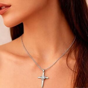 Cross Heart Cubic Zirconia CZ Necklace Silver Plated 18.5” Length New